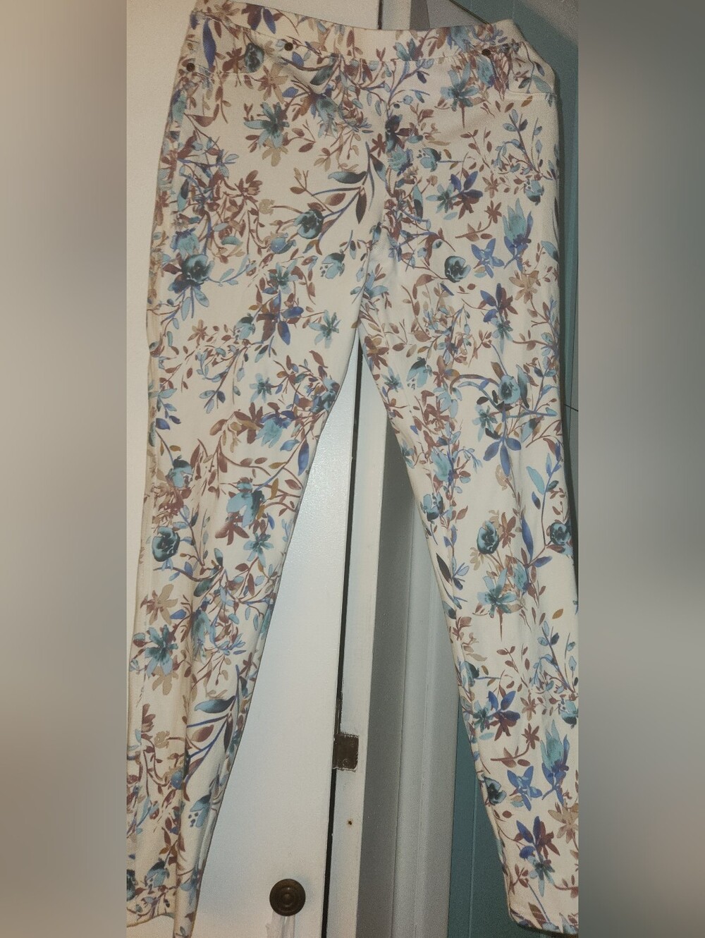 Floral Cream Jeggings with Blue & Brown Print - Women's Stretch